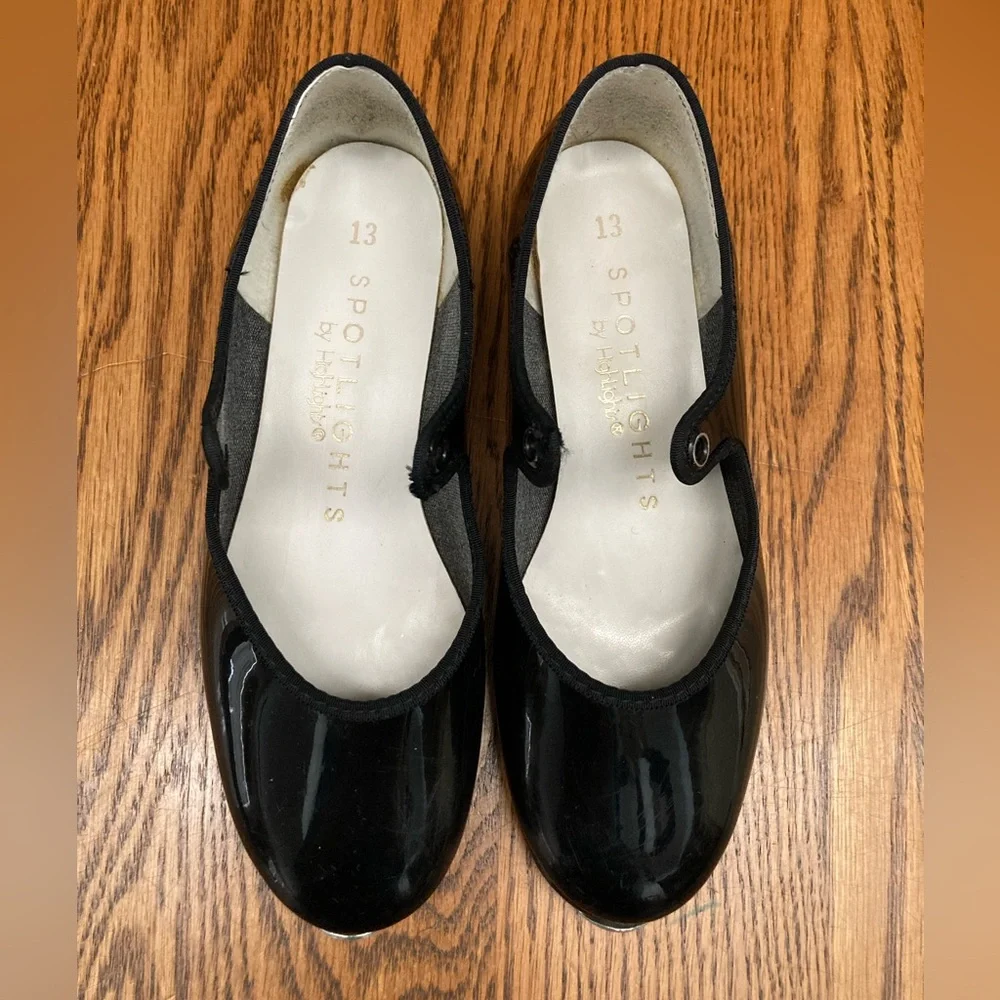 Black Faux Patent Leather Mary Jane Tap Shoes with Silver Bows
